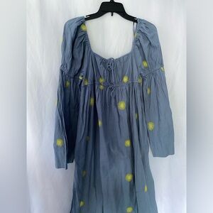 Free People Emory Embroidered Blue Long Bell Sleeve Maxi Dress Small